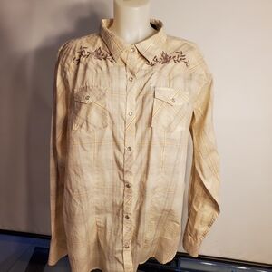 Bit & Bridle 2X Beige Embroidered Button Down Shirt